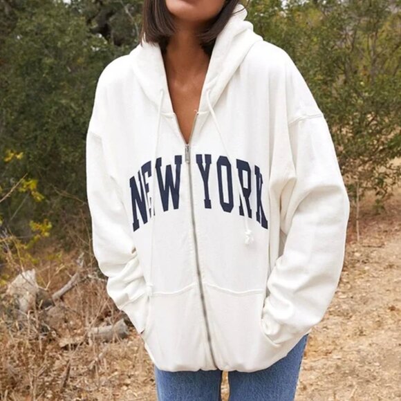 Brandy Melville Jackets & Blazers - John Galt x Brandy Melville Super Oversized White NEW YORK Full Zip Hoodie White